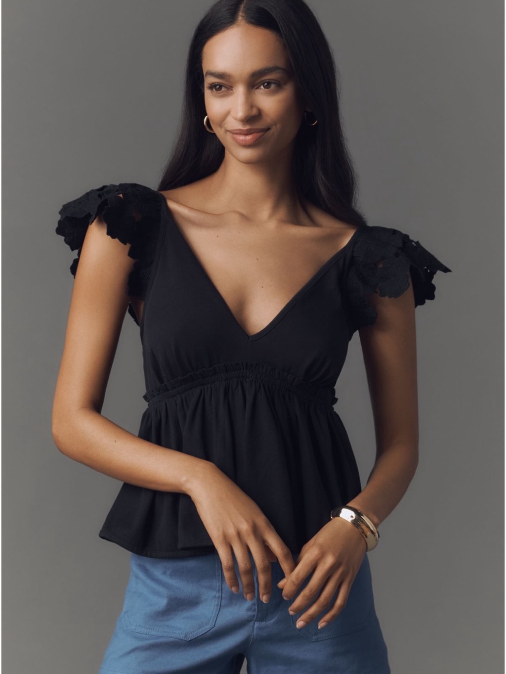 Anthropologie Black Flutter-Sleeve Peplum top